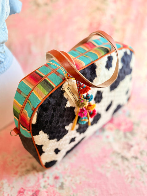 Curly Cow Overnighter – Handmade Weekender Bag with Cowhide Texture & Leather Accents