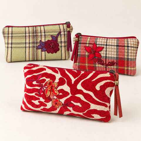 Atenti Holiday Bloom Trio of three Tall Tool Pouches: Holly Plaid, Mistletoe Plaid and Scarlet Zebra, with floral embellishment.