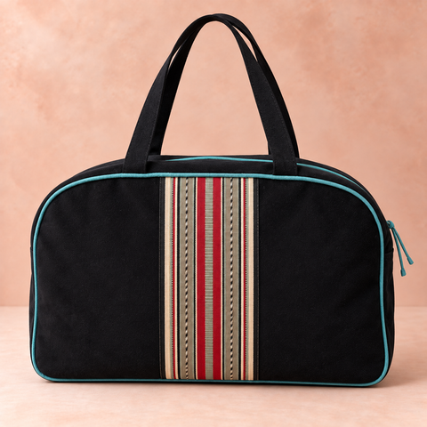 Lovebirds black velvet Overnighter back with multicolored striped panel and turquoise piping