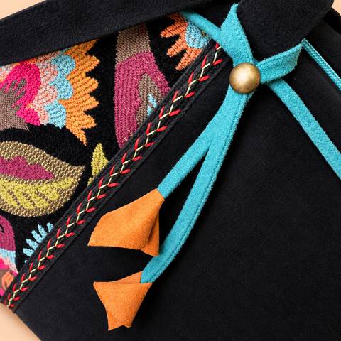 Close-up of Lovebirds tapestry, black velvet, turquoise ties and folded orange accents