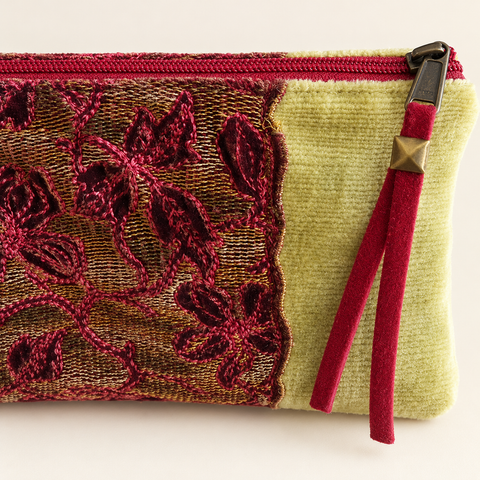 Atenti Golden Garland Tall Tool Pouch detail showing burgundy floral lace over golden mustard fabric.