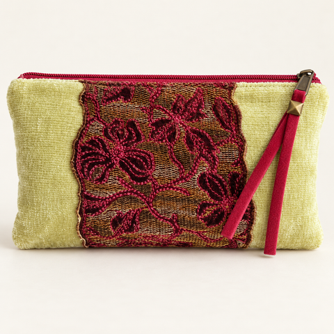Atenti Golden Garland Tall Tool Pouch with golden mustard fabric, burgundy floral lace and a red zipper pull.