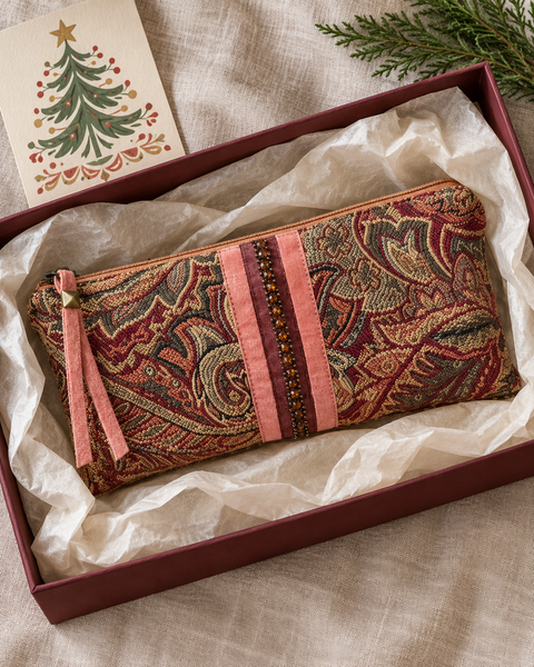 Atenti Rose Paisley Tall Tool Pouch nestled in a tissue-lined gift box beside a Christmas card and evergreen sprig.