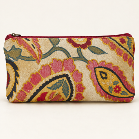 Reverse view of Atenti Jewel Paisley Tall Tool Pouch in pink, teal and gold paisley fabric.