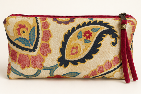 Atenti Jewel Paisley Tall Tool Pouch with oversized pink, gold and teal paisley motifs and a burgundy zipper pull.