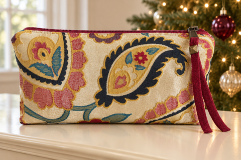 Atenti Jewel Paisley Tall Tool Pouch with colorful paisley motifs beside a decorated Christmas tree.