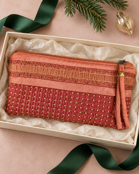 Atenti Sugarplum Ribbon Tall Tool Pouch displayed in a holiday gift box with green ribbon and evergreen sprigs.