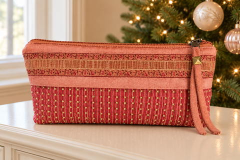 Atenti Sugarplum Ribbon Tall Tool Pouch in coral pink beside a decorated Christmas tree.