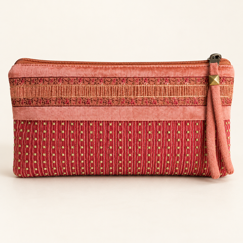 Atenti Sugarplum Ribbon Tall Tool Pouch in coral pink stripes with decorative woven ribbon, front view.