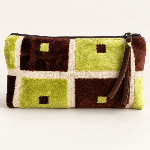 Atenti Retro Evergreen Tall Tool Pouch with plush green, brown and cream geometric squares, front view.