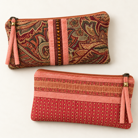 Atenti holiday set of two Tall Tool Pouches: Rose Paisley with pink trim and coral-striped Sugarplum Ribbon.