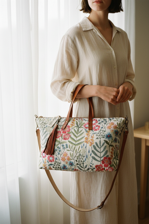 Wildflower Buddy Bag– Atenti USA Handmade, Embroidered Floral Carryall Leather Handle & Crossbody Strap Bag