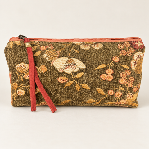 Atenti Woodland Bloom Tall Tool Pouch in olive floral fabric with cream flowers, peach accents and a coral zipper pull.