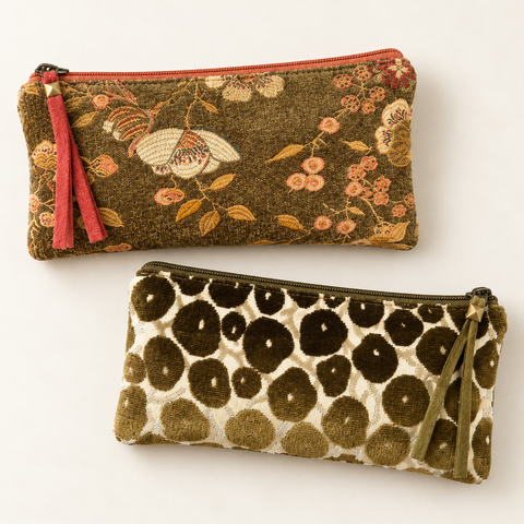 Atenti Woodland Bloom and Olive Cheetah Tall Tool Pouch set of two, pairing olive floral fabric with a green spotted print.